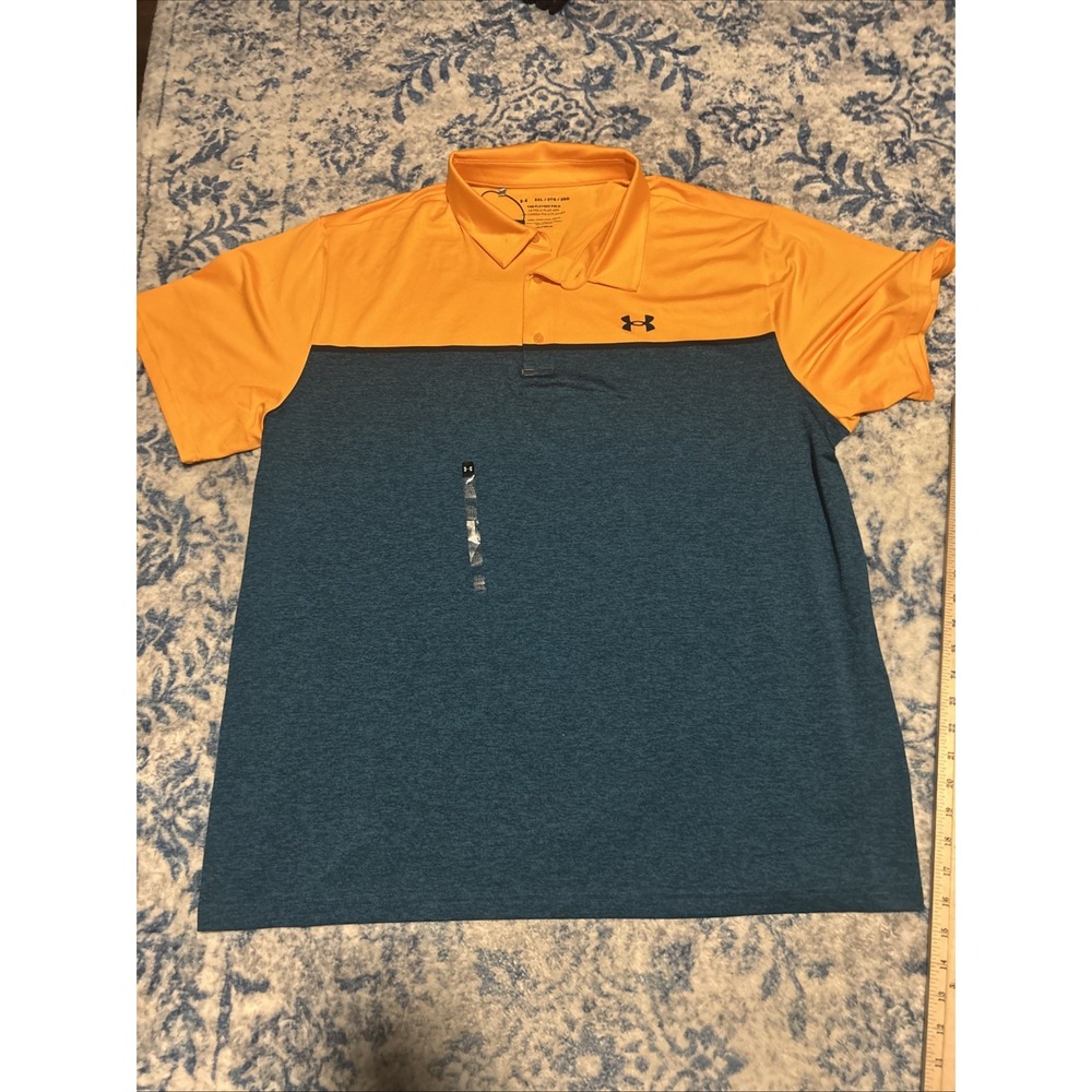 Mens Under Armour Polo 3XL Coral and Blue Striped Loose Fit "The Playoff Polo"